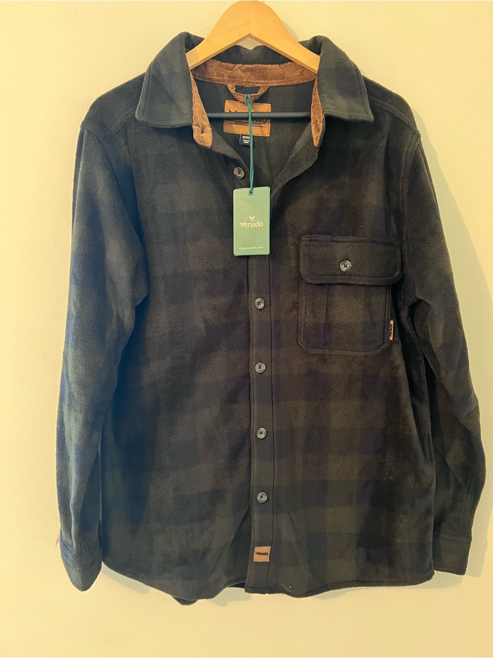 NWT Venado Men's Button-Up Plaid Shacket in Dark Olive & Blue